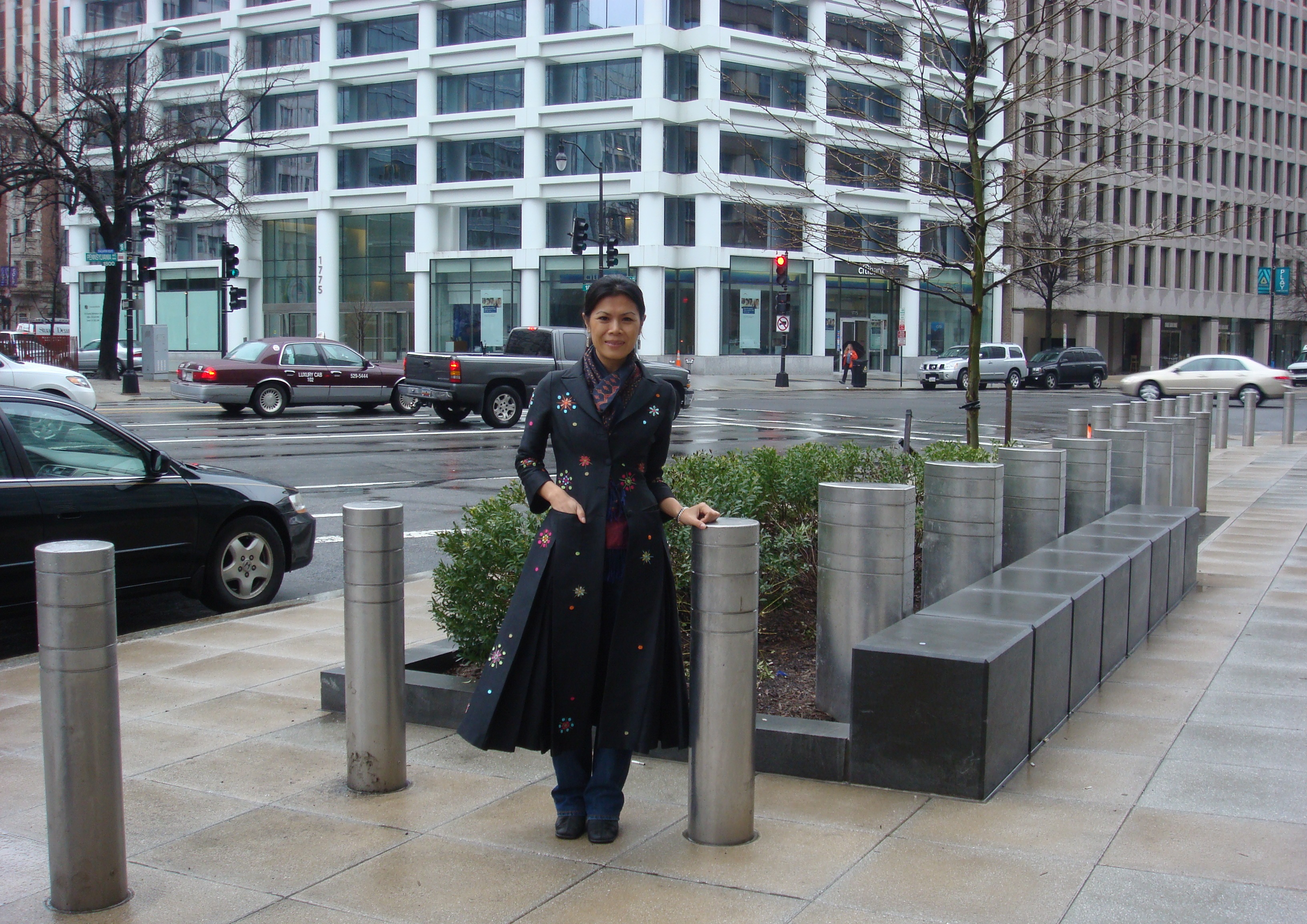 Theary Seng modeling Conceptual Site Furnishing, Inc in front of World Bank Headquarters (Wash. DC, 13 March 2010)