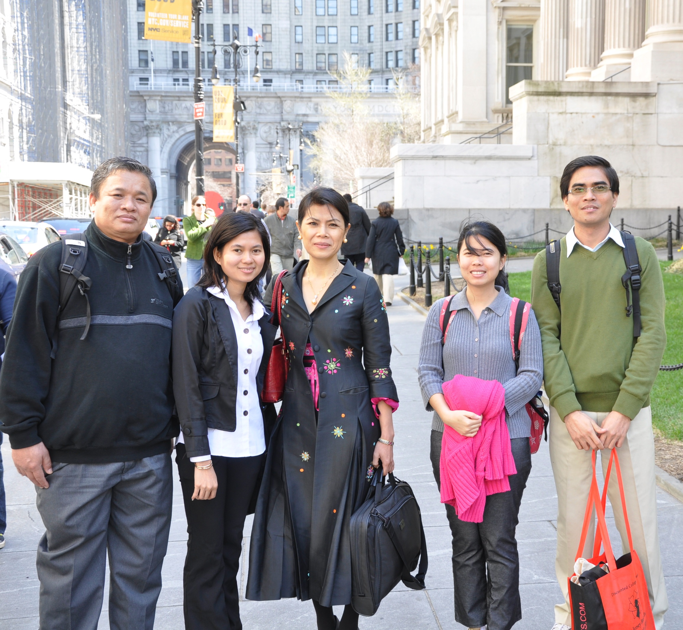Theary Seng, Dy Khamboly and visiting students from Cambodia at Rutgers University enjoying the sunshine in New York City after the symposium, 2 April 2010