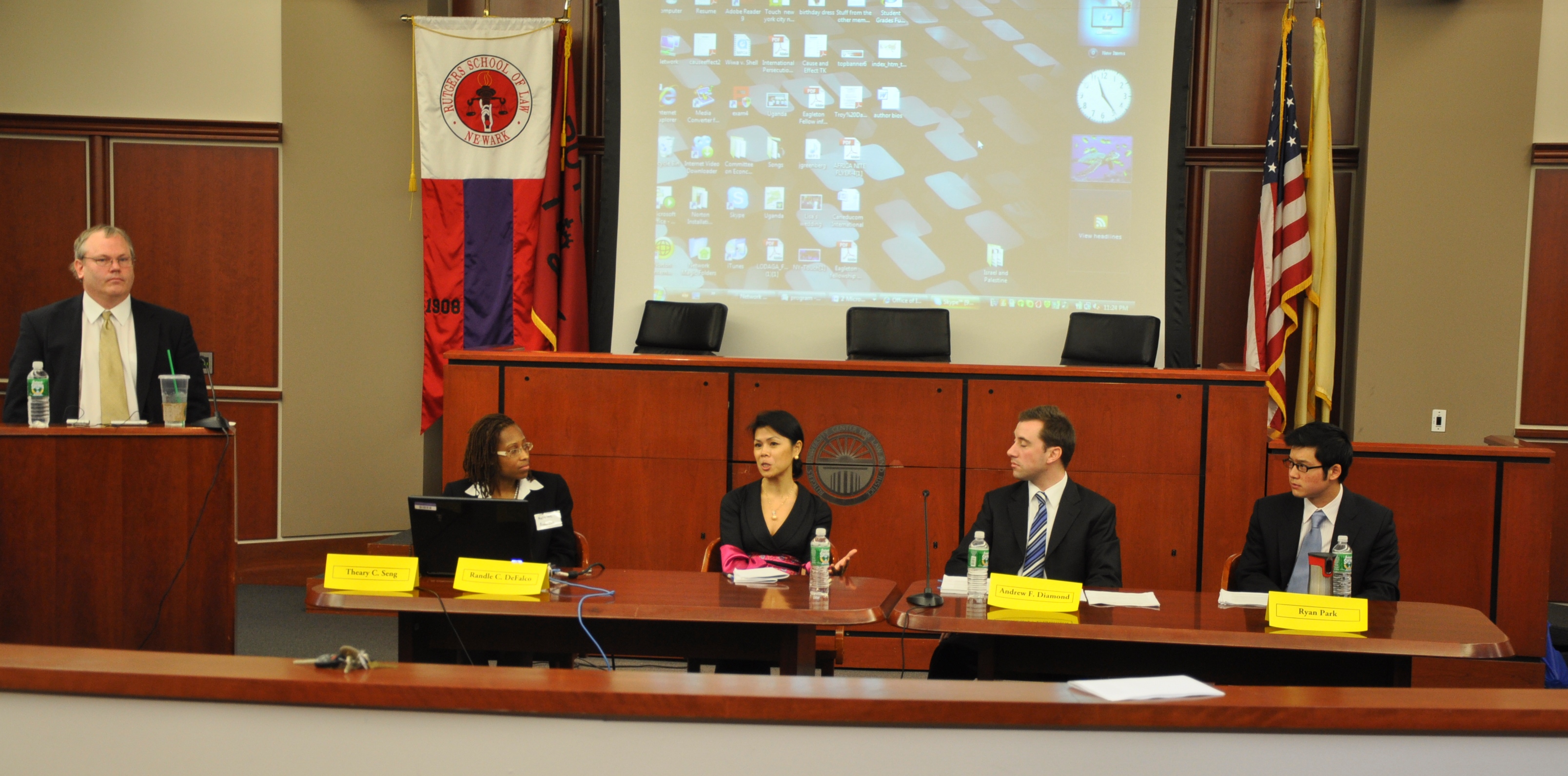 Theary Seng joining the Panelists after her opening remarks, moderated by Prof. Alex Hinton, Rutgers School of Law, 2 April 2010