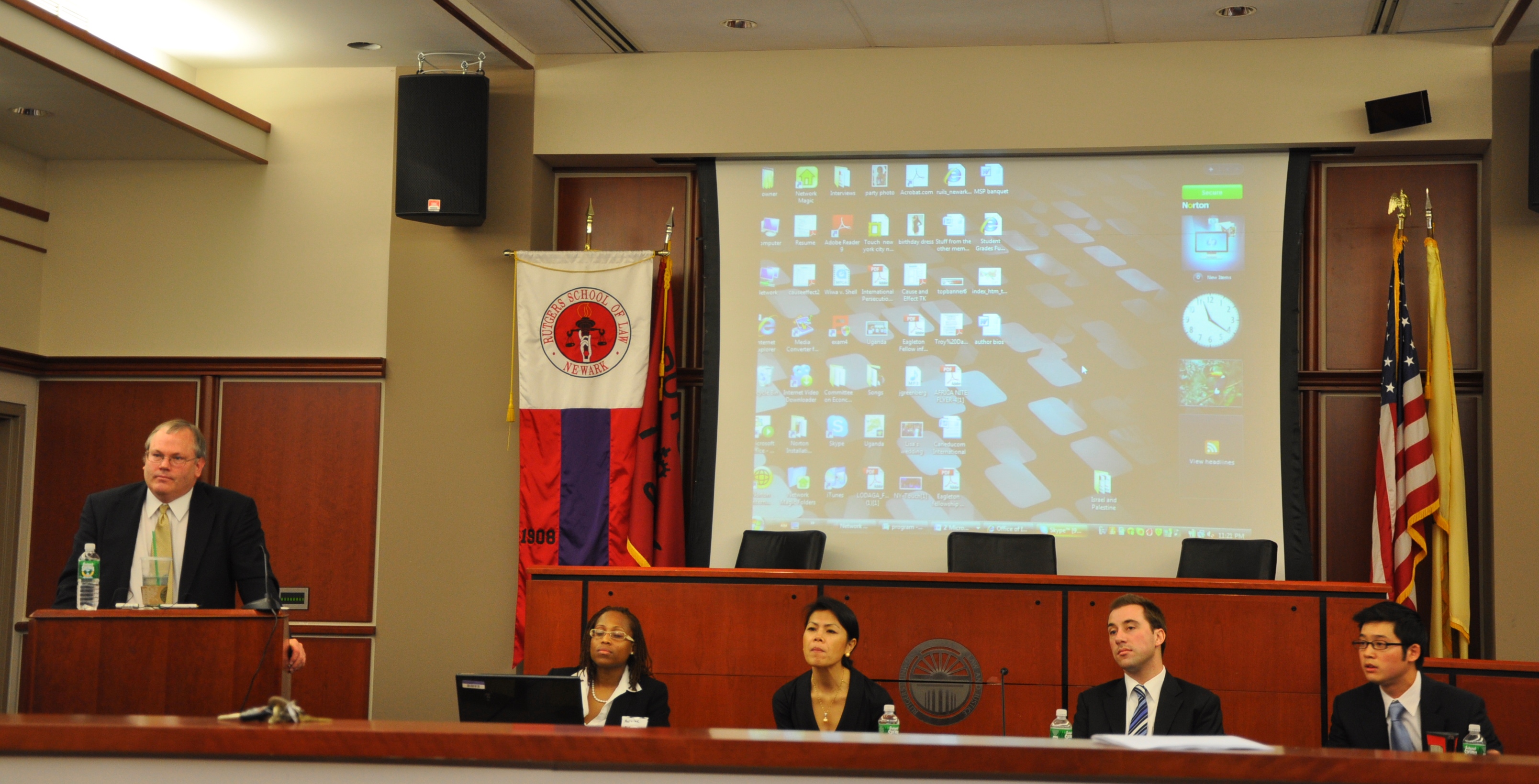 Theary Seng joining the panelists after her opening remarks, moderated by Prof. Alex Hinton (Rutgers School of Law, 2 April 2010)