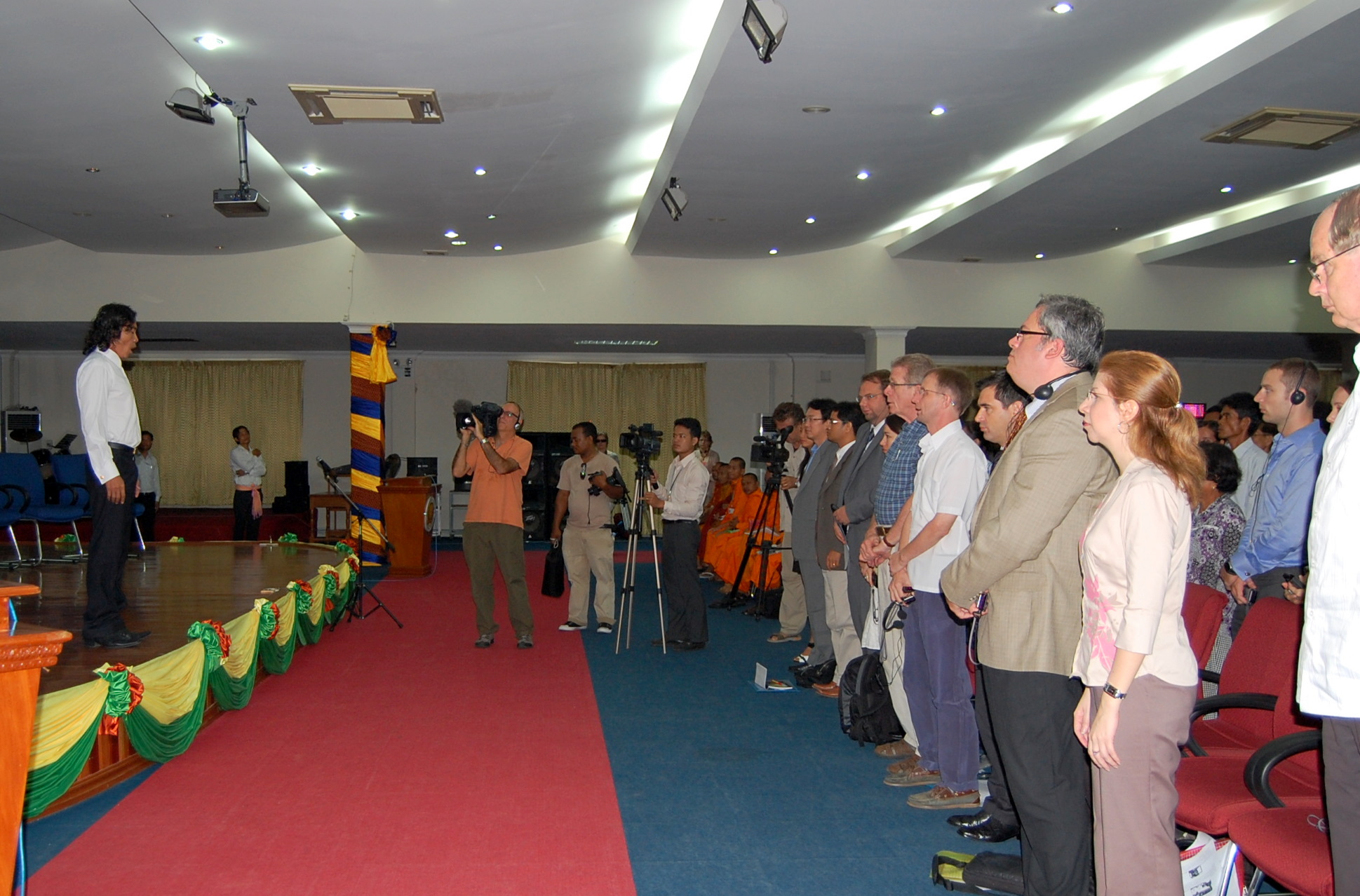 Khuon Sethisak singing national anthem at CJR public forum, 23 July 2010