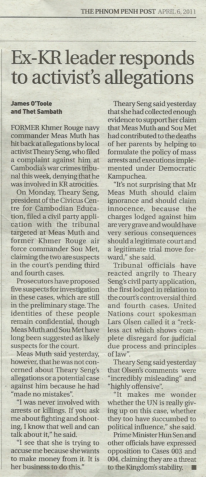 Theary Seng, Phnom Penh Post, 6 April 2011