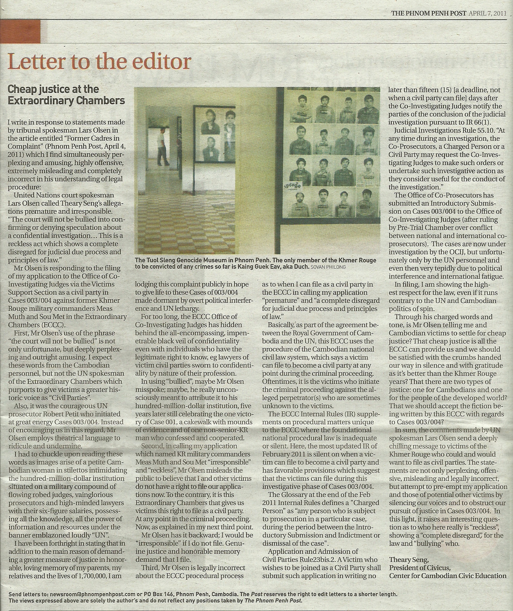 Theary Seng Letter to Editor Phnom Penh Post, 7 April 2011