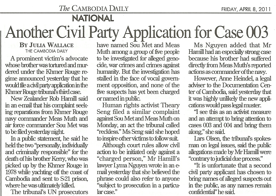 Theary Seng, Rob Hamill in the Cambodia Daily, 8 April 2011