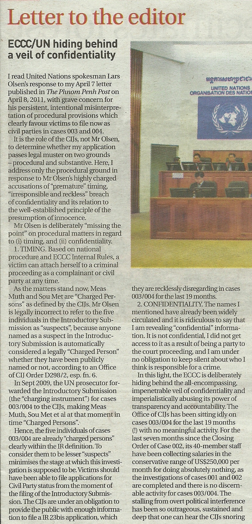 Theary Seng Letter to Editor Phnom Penh Post, 13 April 2011