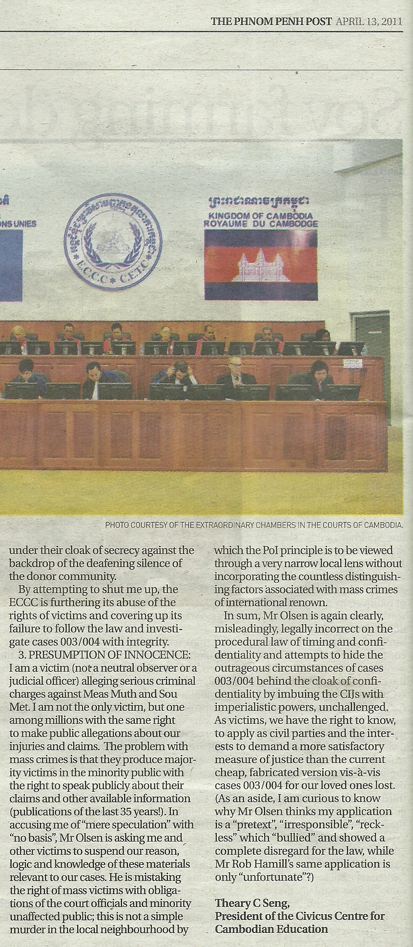 Theary Seng Letter to Editor Phnom Penh Post, 13 April 2011