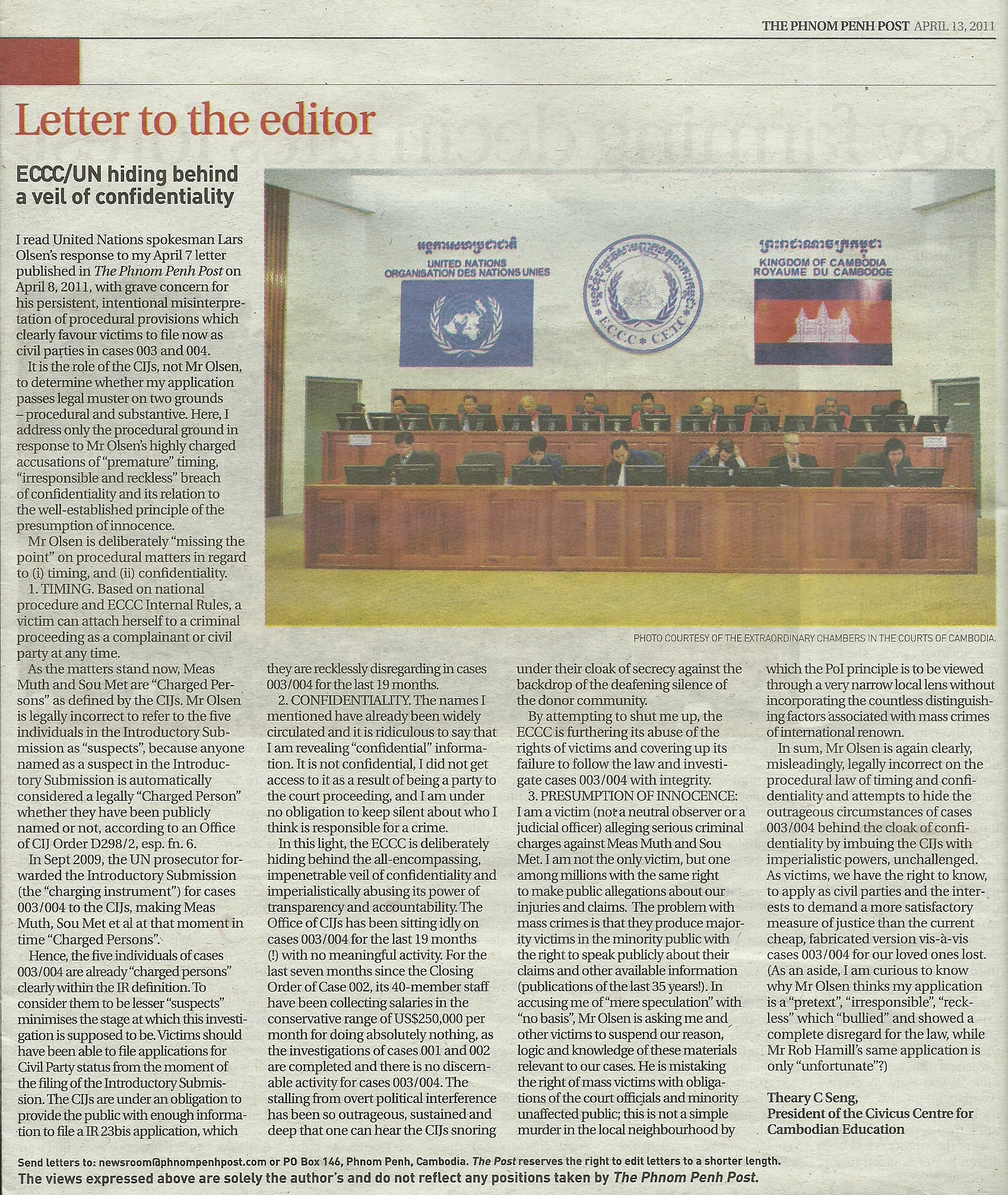 Theary Seng Letter to Editor Phnom Penh Post, 13 April 2011