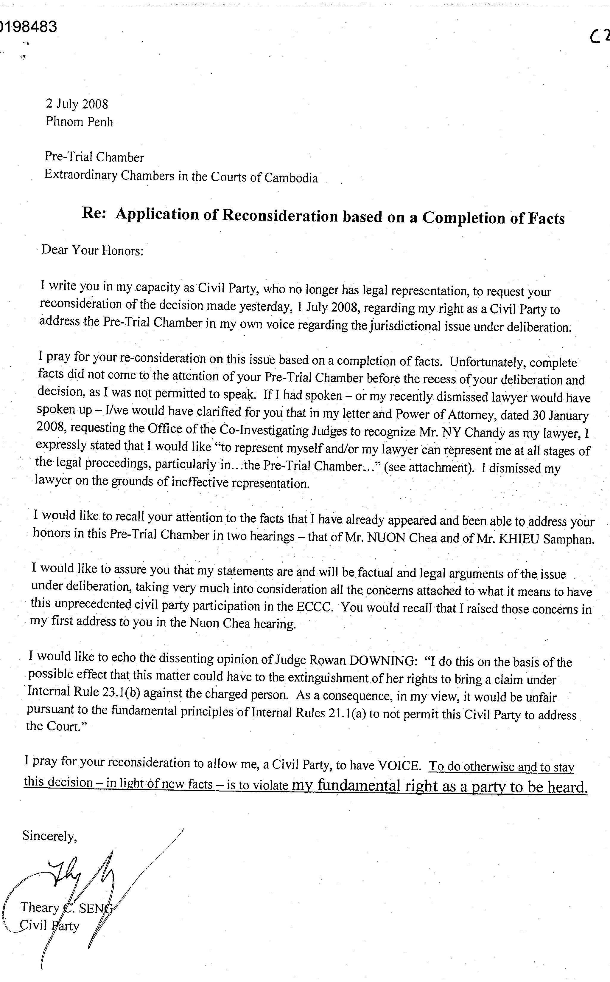 Civil party Theary Seng's letter PTC, 2 July 2008