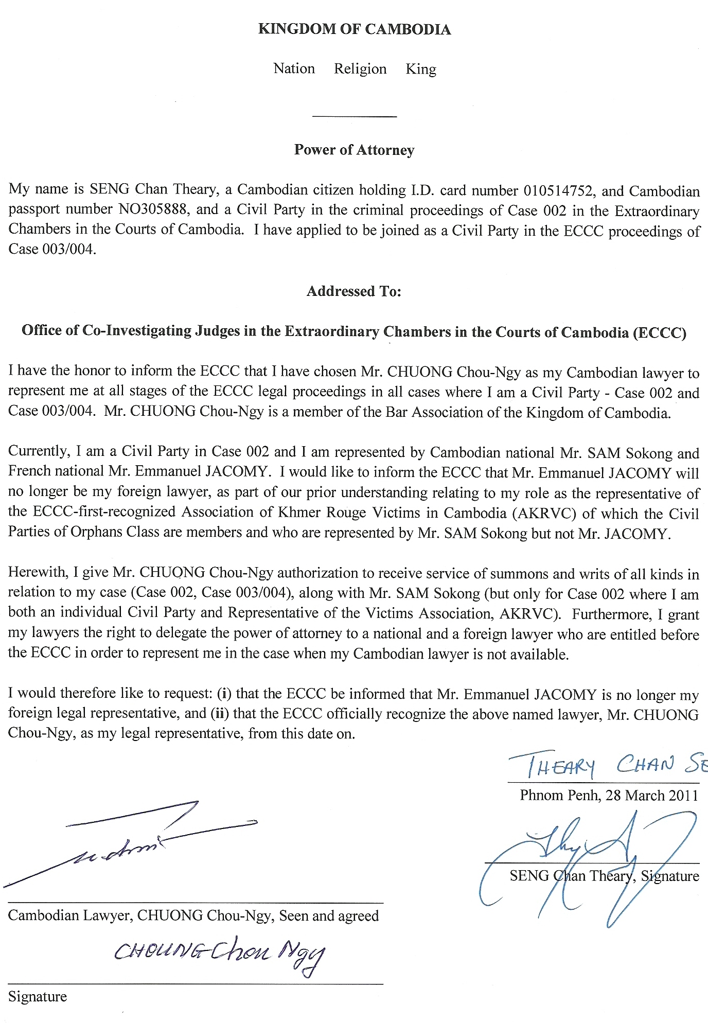 Power of Attorney from Theary Seng to Choung Chou-Ngy