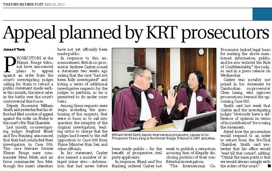 Appeal planned by KRT prosecutor, 23 May 2011