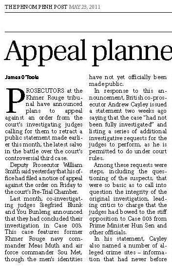 Appeal planned by KRT prosecutor, 23 May 2011
