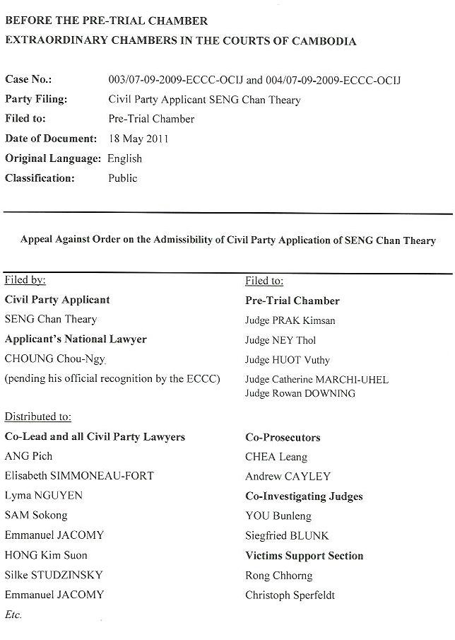 Appeal Against Order of Admissibility of Civil Party Application of SENG Chan Theary
