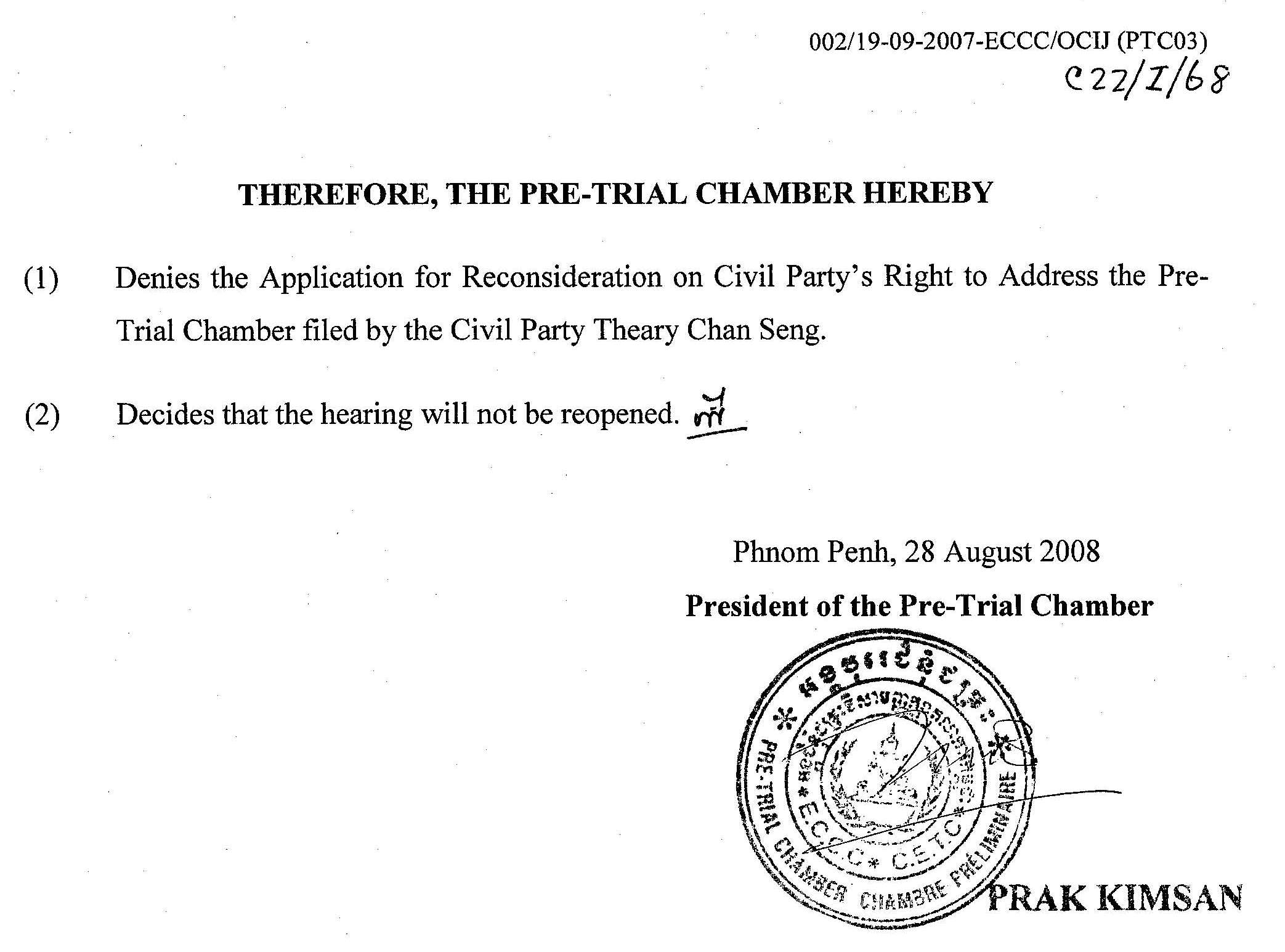 Theary Seng, Pre-Trial Chamber decision, 28 Aug. 2008