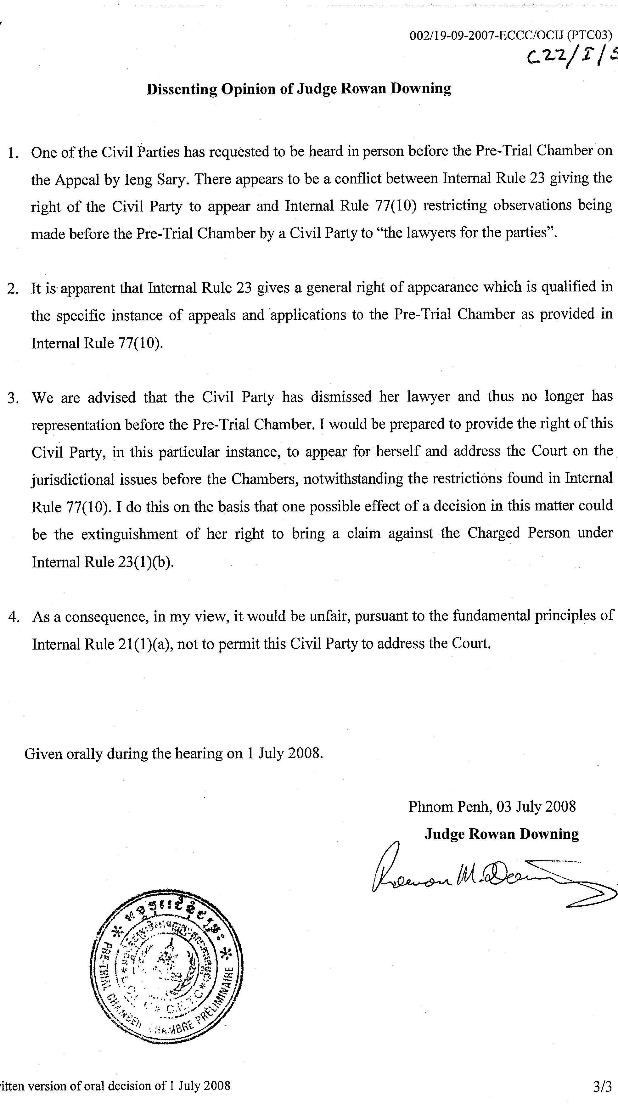 PTC Judge Rowan Downing's dissenting opinion re Theary Seng, 1 July 2008