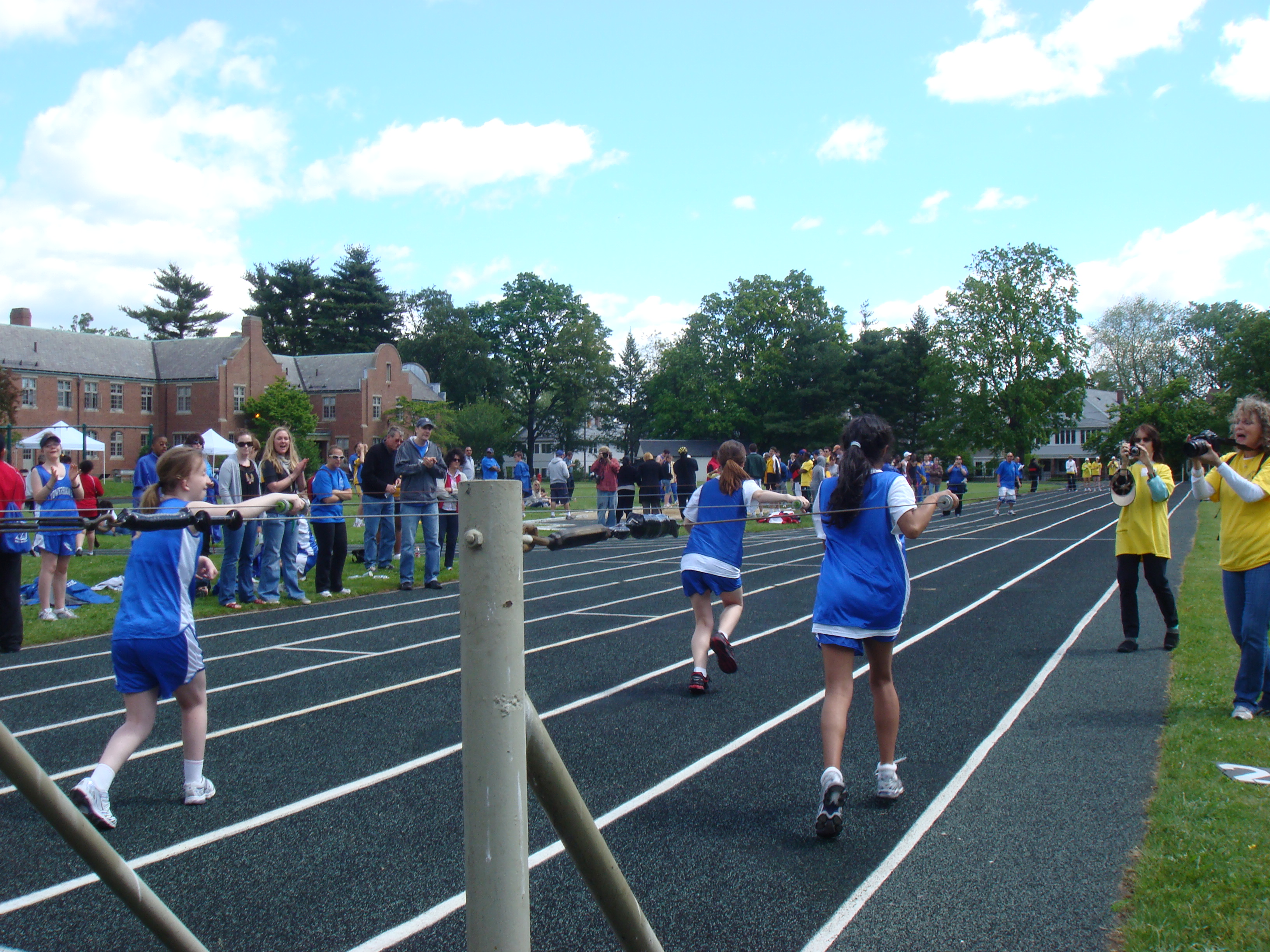Eliza Edmunds being cheered on by mom Mimi and Lauren Shaw, Perkins School for Blind track meet, 15 May 2010