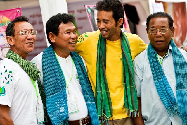 Arn Chorn Pond and Cambodian Masters in their colorful kramas, 2009