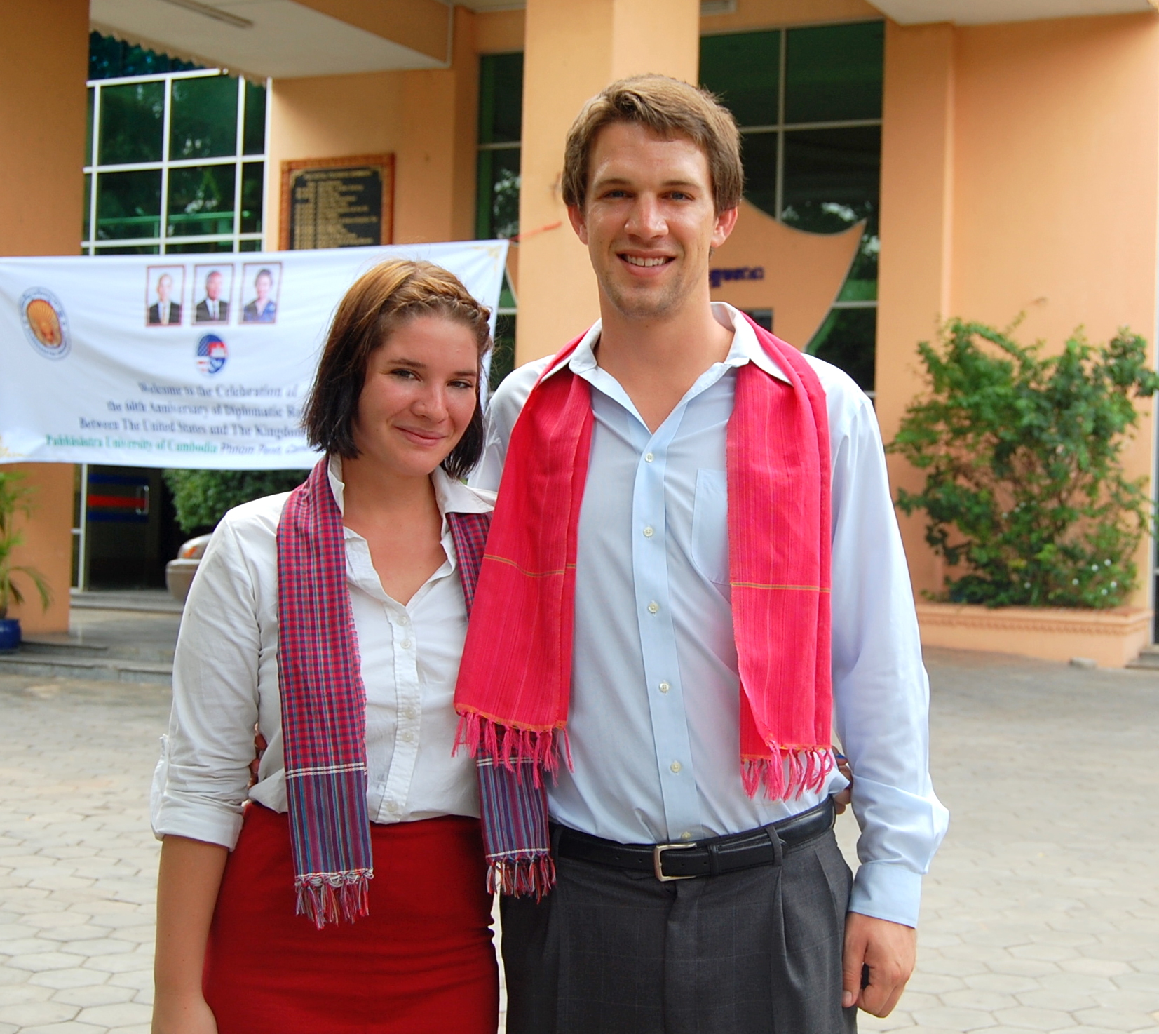 Ranney Lochtefeld, Sarah Barnacle in front of PUC for CJR public forum on advent of Duch verdict hearing, 23 July 2010