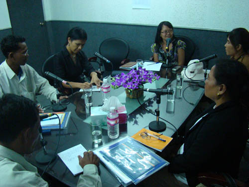 Theary Seng at the Voice of Justice radio studio with residents of Pailin